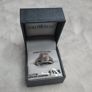 NIB Sterling Silver 1/3 CTTW Genuine Diamond Engagement Ring Bridal Set Sz 7